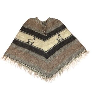 Vintage Quiaqueno Brown Tan Fringe Alpaca Llama Wool Poncho Pom Pom drawstring